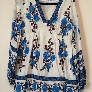 Floral V-Neck Long Sleeve Dress - Blue and Red